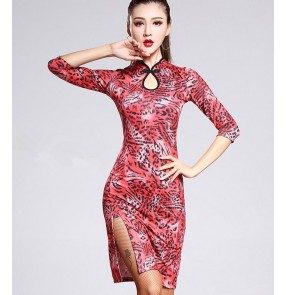 Red leopard white floral printed  spandex long sleeves vintage cheongsams dresses women's competition latin salsa cha cha dance dresses costumes